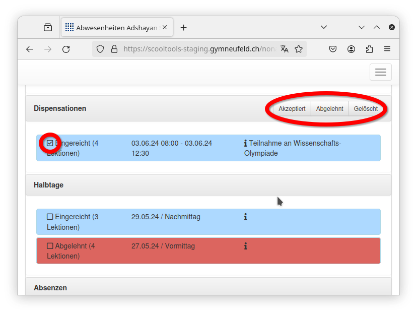 Liste Dispensationen und Halbtage