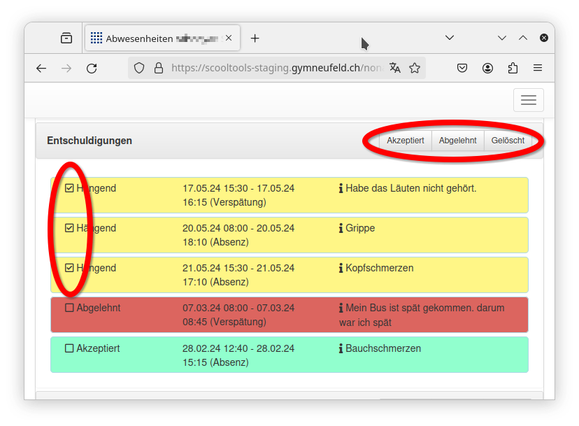 Liste Entschuldigungen